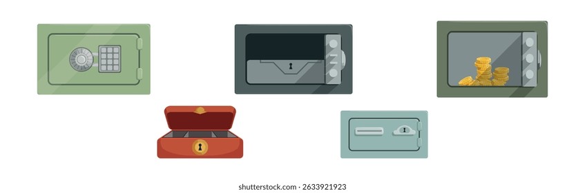 Security Metal Safe Deposit Box for Money Saving Vector Set