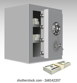 Security metal safe with money inside. Vector illustration