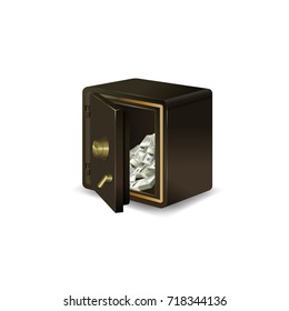 Security metal safe. Residential vault with pile of cash money. Dollar deposit icon. Website financial banner.