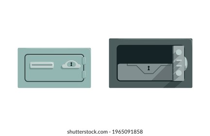 Security Metal Safes Set, Gray Steel Armored Boxes with Lock Key Vector Illustration