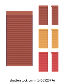 Security metal shutter set for home. House privacy and personal confidence, cottage solar roller shades. Vector flat style cartoon illustration isolated on white background, different views and colors