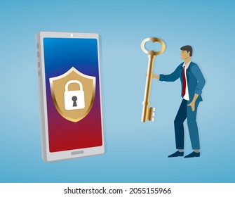 Teléfono móvil de seguridad. Hombre de pie con llave dorada para acceder. Ilustración vectorial.