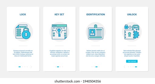 Security modern technology vector illustration. UX, UI onboarding mobile app page screen set with line lock and unlock safe digital system, privacy key identification, unlocking secure web symbols