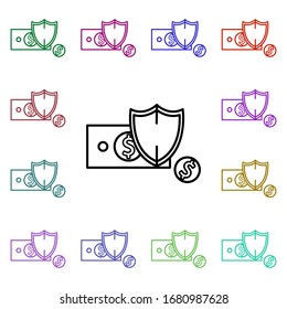 Icono de seguridad, dinero multicolor. Línea delgada simple, contorno vectorial de iconos web para ui y ux, sitio web o aplicación móvil