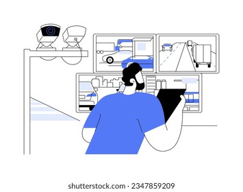 Surveillance et analyse de la sécurité abstraite concept illustration vectorielle. Un agent de sécurité de ville intelligent qui regarde des écrans avec des personnes diverses, la collecte de données, la métaphore abstraite de la technologie moderne.