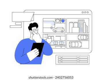 Security monitoring and analysis isolated cartoon vector illustrations. Smart city security worker looking at screens with diverse of people, data collection, modern technology vector cartoon.