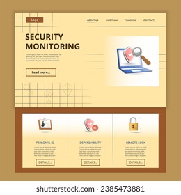 Security monitoring flat landing page website template. Personal id, dependability, remote lock. Web banner with header, content and footer. Vector illustration.