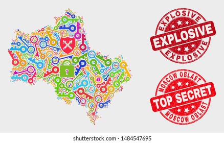 Security Moscow Region map and seal stamps. Red rounded Top Secret and Explosive textured stamps. Colorful Moscow Region map mosaic of different keeper symbols. Vector collage for keeping purposes.