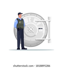 Security near vault semi flat RGB color vector illustration. Guard near metallic door. Officer stand near cash storage. Bank policeman isolated cartoon character on white background