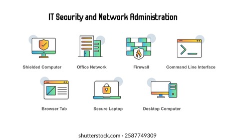 IT Security and Network Administration with Desktop Computer, Office Network, and Firewall. Vector Editable Stroke and Colors.