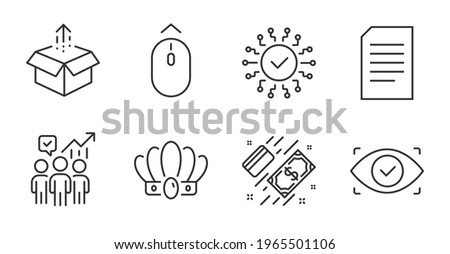 Security network, Business statistics and Crown line icons set. Payment, Send box and Swipe up signs. Document, Biometric eye symbols. Cyber system, Working report, Monarchy king. Vector