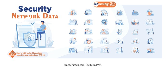 Security network data concept illustration, collection of male and female business people scenes in the security network data scene. mega set flat vector modern illustration