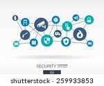 Security network. Growth abstract background with lines, circles, integrate flat icons. Connected symbols for guard, protection, monitoring, safety or control concepts. Vector interactive illustration