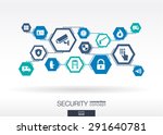Security network. Hexagon abstract background with lines, polygons, and integrate flat icons. Connected symbols for guard, police, protection, monitoring, safety, control concepts. Vector illustration