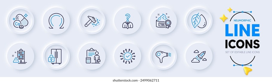 Sicherheitsnetzwerk, Kühlschrank und Calcium mineralische Linie Symbole für Web-App. Pack von Haartrockner, Startup-Rakete, Buchhaltung Piktogramm Symbole. Hammer Schlag, Creme, Gebäude Warnschilder. Vektorgrafik