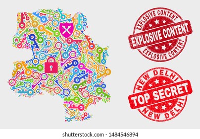 Security New Delhi City map and stamps. Red rounded Top Secret and Explosive Content scratched stamps. Colorful New Delhi City map mosaic of different key icons.