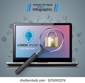 Security notebook illustration. Loupe, lock icon Vector eps 10