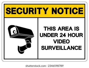 Aviso De Seguridad Este Área Está Debajo De 24 Horas Símbolo De Vigilancia De Vídeo, Ilustración De Vectores, Aislado En Etiqueta De Fondo Blanco. EPS10