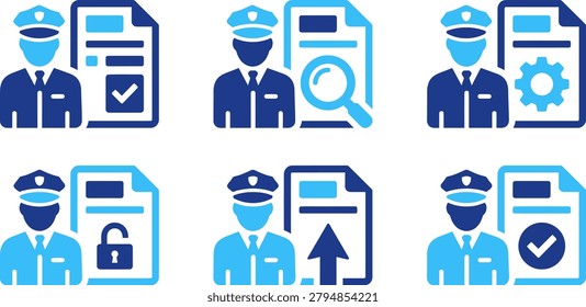 Security officer icons representing document control verification access and data protection services private investigator.