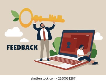 Security online. Man with the golden key stands beside laptop. Vector illustration.