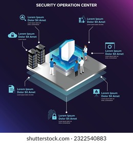 Security operation center in dark background isometric 3D