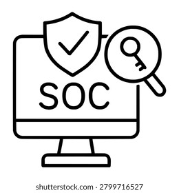 Security Operations Center Soc Line Icon representing security operations center soc, suitable for cybersecurity concepts, business presentations, web interfaces, reports, and clean vector design projects