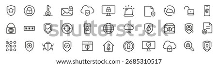 Security outline icon set. Lock, shield, password, firewall, key line icons. Vector icons