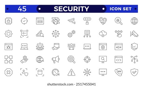 Ícones de Estrutura de Tópicos de Segurança definidos. Símbolos de proteção Vetor de símbolos de segurança. Ícones de linha fina de proteção, segurança e proteção. Para design de marketing do site, logotipo, aplicativo, modelo, iu, etc. 
