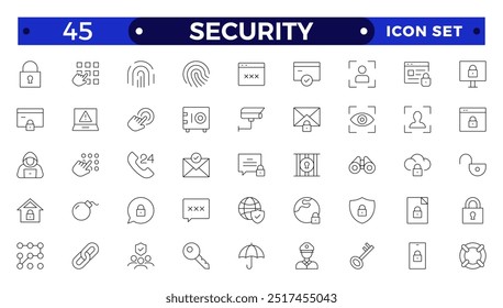 Conjunto de iconos de esquema de seguridad. Símbolos de protección. Símbolos de seguridad Vector. Iconos de línea delgada de seguridad, protección, protección. Para el diseño de marketing de Sitio web, logotipo, App, Plantilla, ui, etc. 
