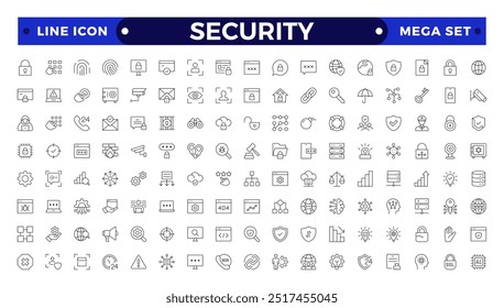 Ícones de Estrutura de Tópicos de Segurança definidos. Símbolos de proteção Vetor de símbolos de segurança. Ícones de linha fina de proteção, segurança e proteção. Para design de marketing do site, logotipo, aplicativo, modelo, iu, etc. 
