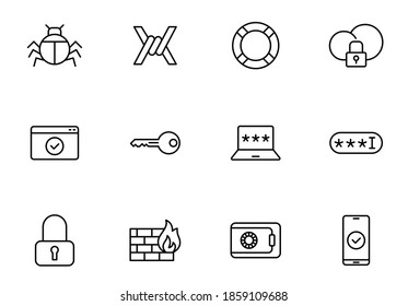 security outline vector icons isolated on white. security icon set for web and ui design, mobile apps and print products