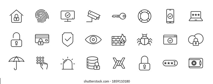 iconos vectoriales de contorno de seguridad aislados en blanco. conjunto de iconos de seguridad para diseño web y ui, aplicaciones móviles y productos de impresión