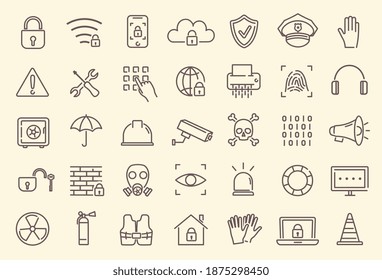 Seguridad: conjunto de iconos de esquema web, colección de iconos vectoriales, de línea delgada. Conjunto de ilustraciones vectoriales