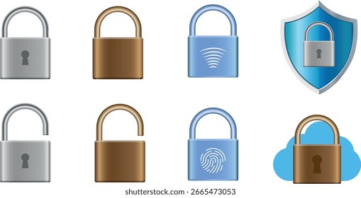 Sicherheits-Vorhängeschloss-Symbolsatz - Metallschlösser mit Fingerabdruck-, Wireless-, Cloud- und Schilddesigns für Cybersicherheit, Datenschutz und Datenschutz