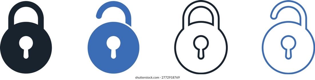 Security Padlock Icons. Locked and Unlocked States in Solid and Outline.