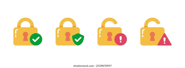 Security Padlock Icons with Warning Symbols in Flat Vector Illustration Style