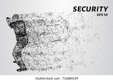 Security from the particles. Security guard fires his gun. Vector illustration