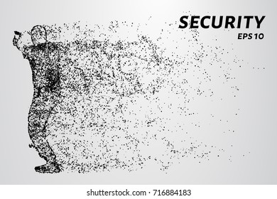 Security from the particles. Security guard fires his gun. Vector illustration