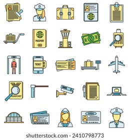 Security passport control icons set. Outline set of security passport control vector icons thin line color flat on white