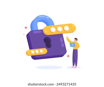 security password concept. safety and user protection technology. authentication and locking system. illustration of man with padlock and password symbol. flat style design. graphic elements