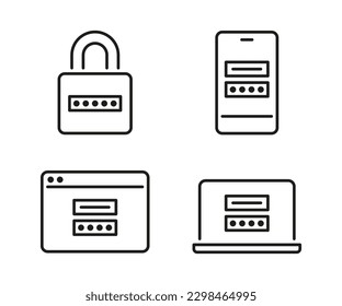 Security password, device lock technology, line icons set. Personal code on lock, smartphone, computer, account on site. Authorization security, secure key. Editable stroke. Vector sign