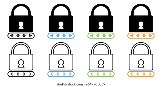 Conjunto de ícones de segurança e senha - Símbolos de vetor de bloqueio, cadeado, privacidade e proteção de acesso em estilo plano e linha.