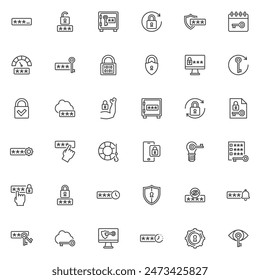 Security password line icons set. linear style symbols collection, outline signs pack. Password key vector graphics. Set includes icons as security code, protection key, encryption pin, access manager