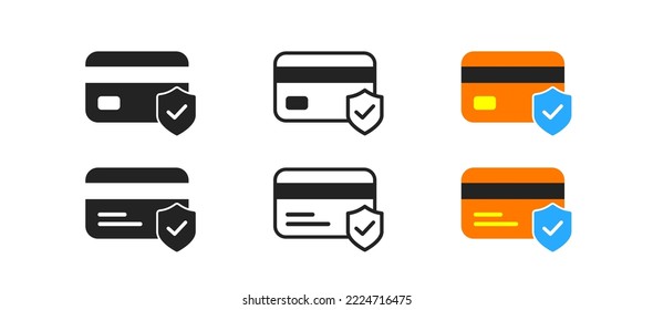 Security payment icon. Credit card with blue shield. Insurance of your finances. Strong safety, crisis, business symbol. Protecting from scam. Flat colored design. Vector illustration.