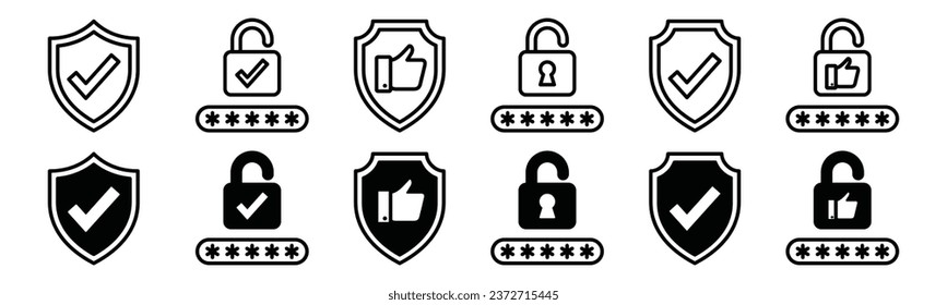 Iconos de línea de permisos de seguridad. Limpieza de seguridad, seguridad, símbolo de icono de protección. Escudo, aprobación, marca de verificación, contraseña, candado, abrir, pulgar hacia arriba símbolo de signos. Ilustración del vector