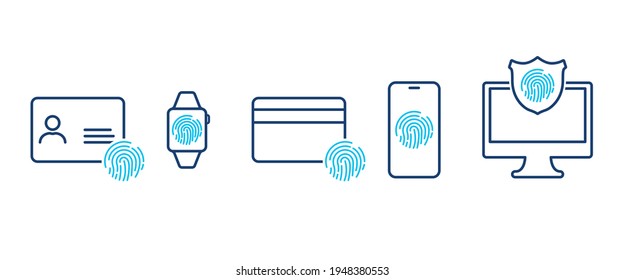 Security personal data and devices. Fingerprint, id and credit card, smart watch, smartphone, computer line icons. Scan fingerprint for access to personal data. Vector line icons.