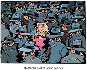 Security of personal data and information. Government surveillance of its citizens. Scammers and detectives listen to a woman on the phone. Comic cartoon pop art retro vector illustration hand drawing