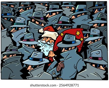 Security of personal data and information. Tracking gifts and purchases by scammers. Detectives, agents, scammers around Santa Claus. Comic cartoon pop art retro vector illustration hand drawing