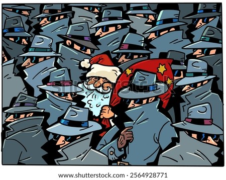 Security of personal data and information. Tracking gifts and purchases by scammers. Detectives, agents, scammers around Santa Claus. Comic cartoon pop art retro vector illustration hand drawing