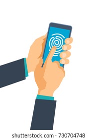 Security of personal data, protection payment, money and information. Authorization system, mobile application. Hands hold phone with software. Mobile security with fingerprint. Vector illustration.